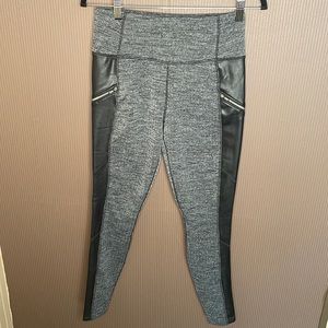 Athleta leggings size small gray and black with faux leather sides zipper pocket